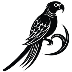 Obraz premium a parrot perched on a curved branch, side profile with distinct beak and long tail feathers, minimalist vector art illustration isolated on white background