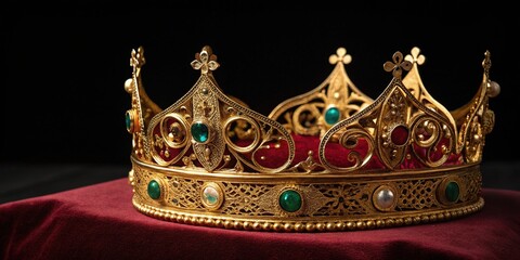 Elaborate golden crown with precious stones resting on red velvet cloth