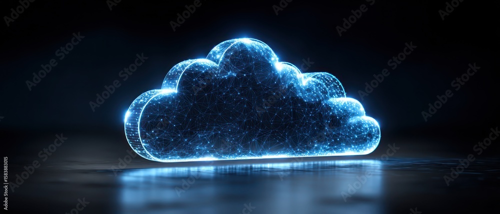 Poster glowing cloud computing symbol: digital network and data storage concept