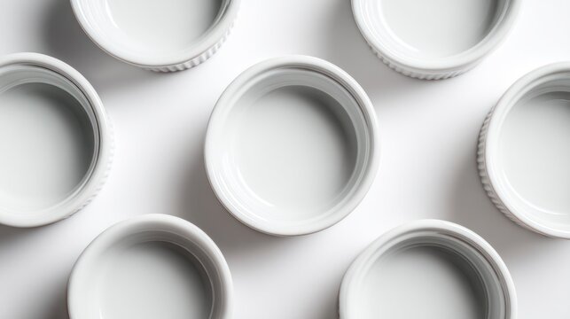 Empty white ramekins arranged