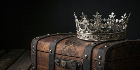 Ornate Silver Crown Resting on a Vintage Wooden Treasure Chest Still Life