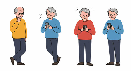 Senior man using phone, depicting several elderly people with a mobile device. Senior man using phone, he is engaging with technology and showing various expressions.