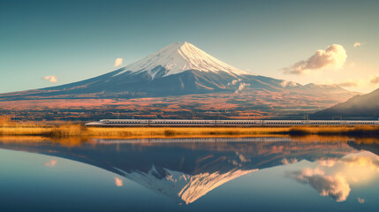 Iconic Mount Fuji with Japanese bullet train reflection in lake during golden hour sunset, autumn foliage, serene landscape photography, travel destination Japan