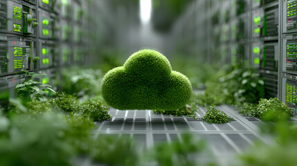 Green moss cloud floating in futuristic server room