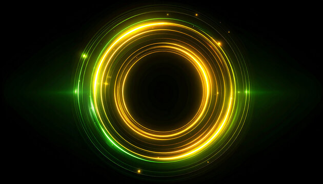 Yellow and green glowing ripple rings in symmetry on dark backdrop. Luminous circular shape.