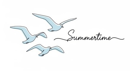 Obraz premium Three graceful seagulls soar through the sky, accompanied by the word summertime