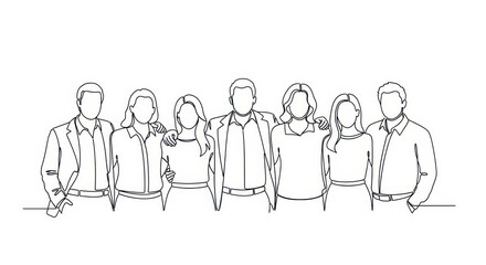 A diverse group of seven people standing together in a line, depicted in a simple line art style, conveying unity and teamwork