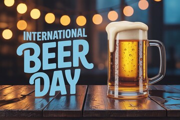 International Beer Day. Beer mug on a wooden table.