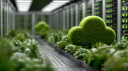 Green moss cloud shape in server room with plants cloud icon