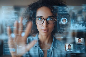 Focused woman interacting with a futuristic interface showcasing data analytics and team members, representing modern business