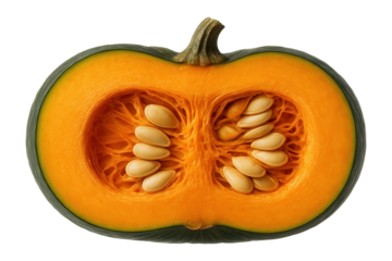Cross-section of pumpkin showing orange flesh and central seed cavity