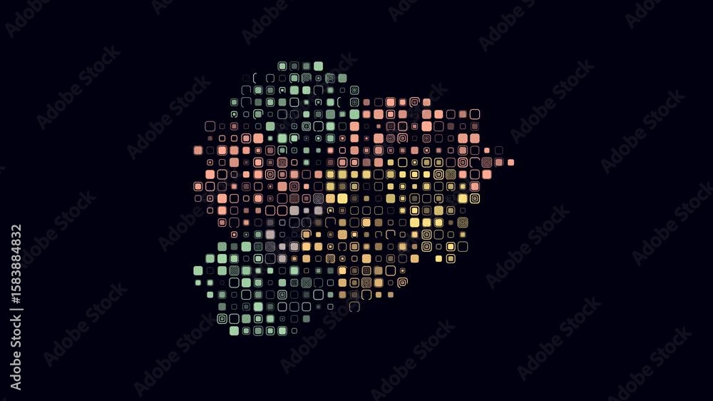 Poster andorra dotted animation. shape of the country build of pulsating colored dots. large size rounded s