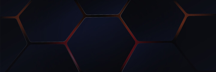 Dark hexagon abstract technology background with orange bright flashes below the hexagon. Hexagon game vector abstract technology wide banner. vector