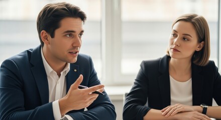 Business professionals discussing ideas in modern office setting