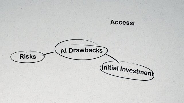 AI various drawbacks and challenges: animation of a brainstorming presentation in progress as a mind map with key concepts is being sketched.