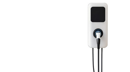 A modern electric vehicle charging station with a digital display and charging cable connected at the front.