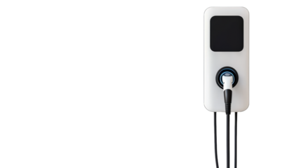 A modern electric vehicle charging station with a digital display and charging cable connected at the front.