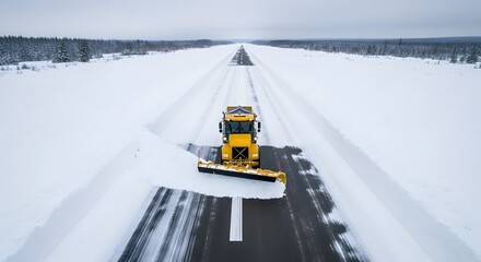 Aerial view of a yellow snowplow clearing a snowy runway surrounded by snow covered forest in winter creating a contrast of color and texture.