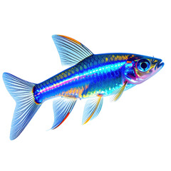 Fototapeta premium Vibrant colorful aquarium fish with iridescent scales swimming in clear water isolated on white background