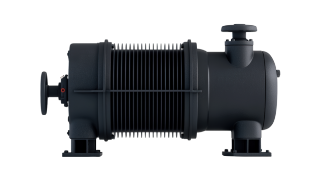 Industrial-grade black heat exchanger with finned coils and valve controls, designed for efficient thermal regulation in mechanical systems.