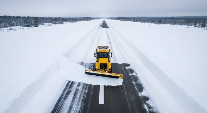 Aerial view of a yellow snowplow clearing a snowy runway surrounded by snow covered forest in winter creating a contrast of color and texture.