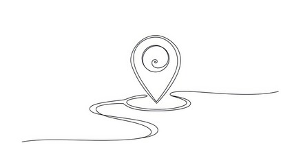 A minimalist single line drawing depicts a map pin on a winding path, symbolizing navigation and destination