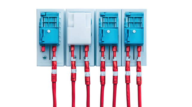 A set of network wall plates with red Ethernet cables plugged into blue modular connectors.