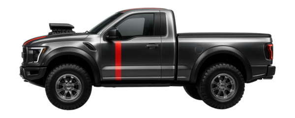 High-performance pickup with a supercharged engine and racing stripes