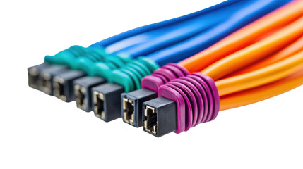 Close-up image of colorful fiber optic cables with connectors on a black background, highlighting technology and data transmission.