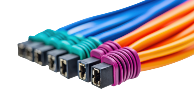 Close-up image of colorful fiber optic cables with connectors on a black background, highlighting technology and data transmission.