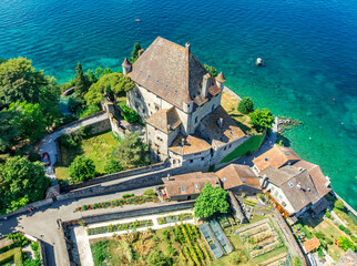 Aerial close up view of Yvoire castle on Lake Geneva France with 4 turrets © tamas