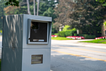 View of automatic speed radar device box on roadside.