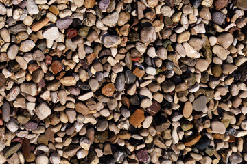 Flat composition of natural pebbles in mixed colors and shapes. Perfect for background design and natural textures.