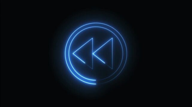 Glowing blue neon rewind symbol on a dark background ,4k Video
