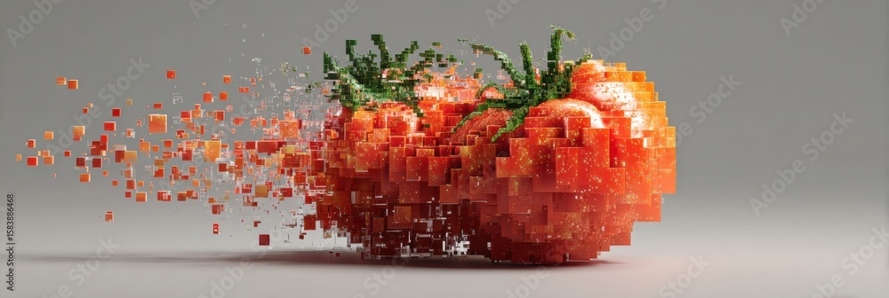 Poster realistic 3d tomato transformed into pixelated blocks in a clean tech-art style with a side margin f