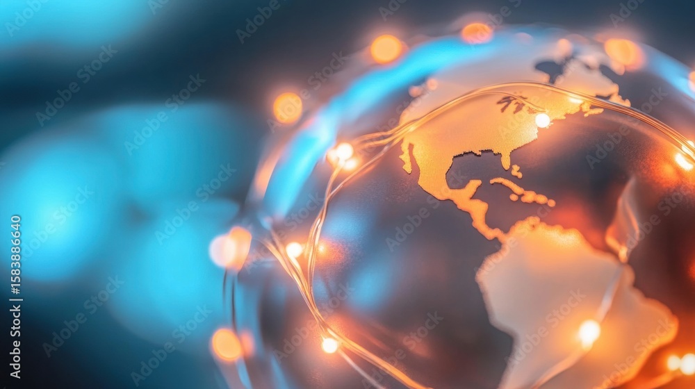 Poster global connections illuminated with glowing lights on a world map design