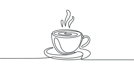Coffee Cup Continuous Line Drawing Hot Drink Beverage Caffeine Mug Saucer Steam Aroma Morning Refreshment Cafe Restaurant Vector Illustration