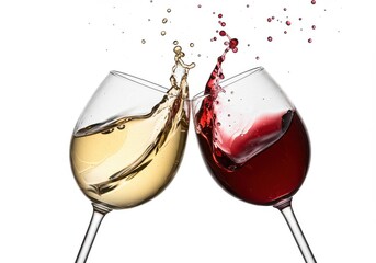 Two glasses clinking with red and white beverage creating a splash on a plain light surface