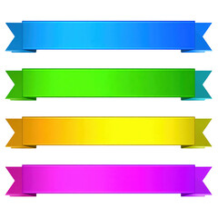 Vibrant colorful ribbons in blue green yellow and pink arranged in a row with shadows and highlights on a white background for celebration decoration and craft projects
