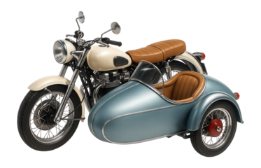 Vintage-style motorcycle with teardrop-shaped sidecar and retro colors