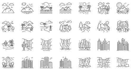 Fototapeta premium A collection of outline illustrations depicting various landscapes and cityscapes in black and white