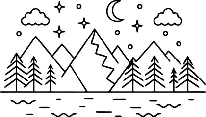 Monoline Nature Landscape Line Art Vector Set