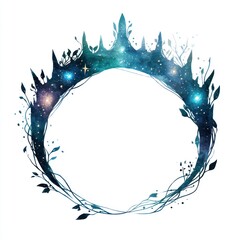 Obraz premium A crown-shaped circular frame, adorned with celestial imagery and foliage