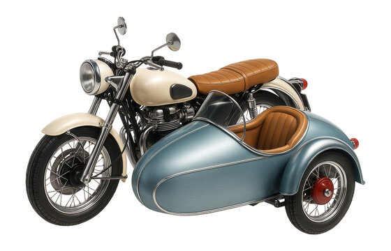 Vintage-style motorcycle with teardrop-shaped sidecar and retro colors