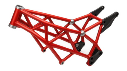 Space frame motorcycle chassis with exposed triangulated tubes and bright red coating