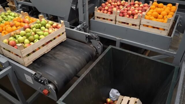 Overhead View of Unsorted Produce Dumped into Waste Bin on Factory Conveyor Belt