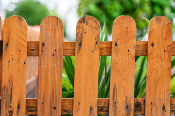 Close up view of a weathered light brown wooden picket fence with slightly rounded tops. Water droplets are visible on the wood, suggesting recent rain. Green foliage is blurred in the background
