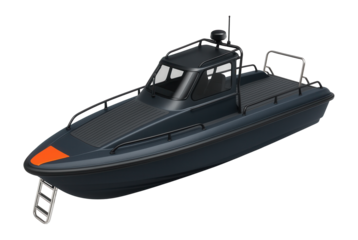 Fast response patrol boat with narrow beam and retractable ladder