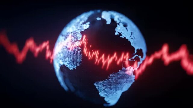 A digital globe with a red seismic wave overlay symbolizes global communication, technology, and seismic activity ideal for geoscience and data visualization themes