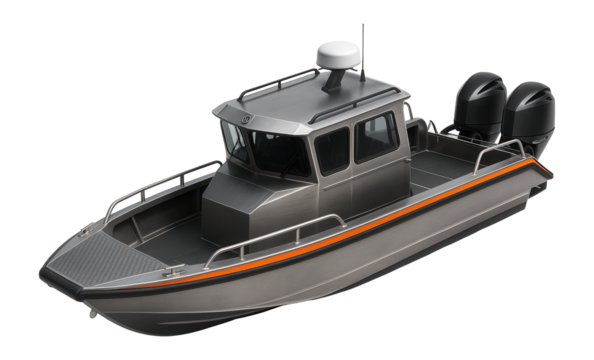 Aluminum-hulled search and rescue vessel with twin outboard engines